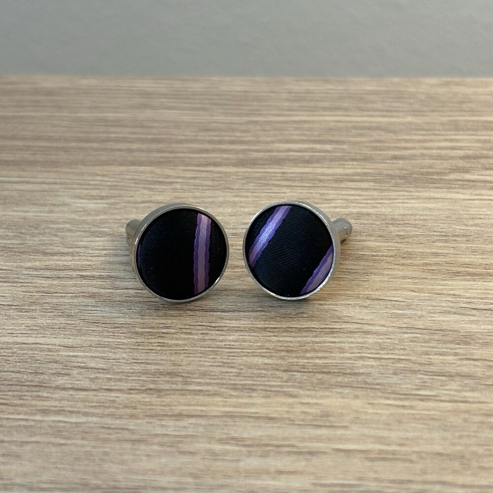 Vintage Black Purple Round Cufflinks Retro Mod Mid Century Men’s Accessories